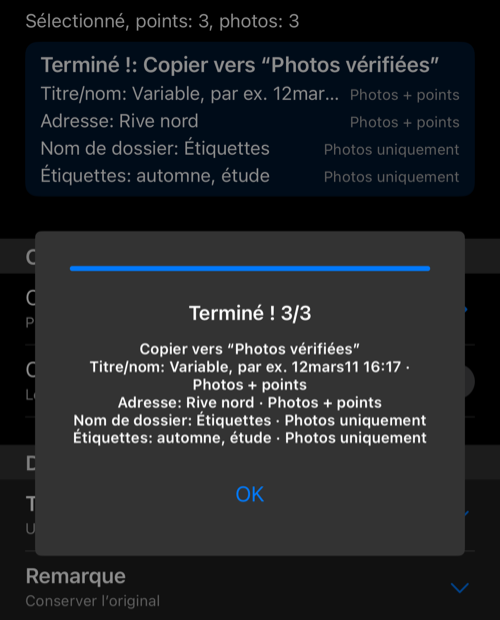 Panneau Terminé 3/3 après la copie des photos et points sélectionnés