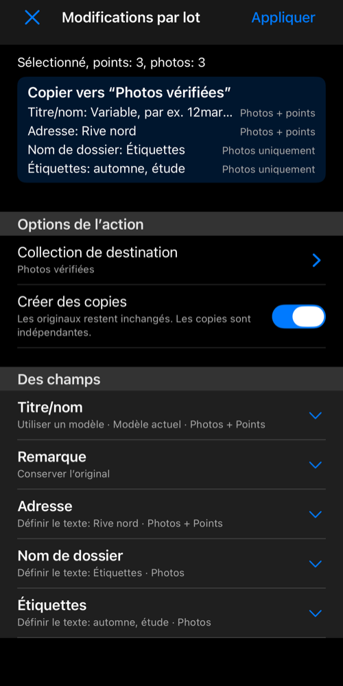 Copie vérifiée dans une collection de destination, avec adresse et étiquettes photo dans le résumé des modifications