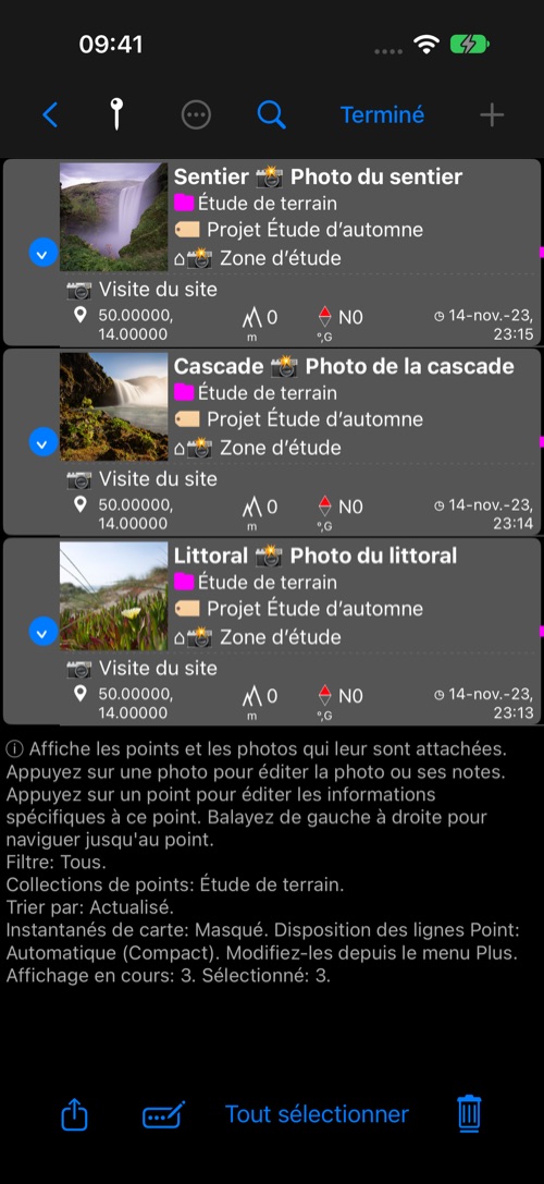 Trois points avec photos sélectionnés dans la liste ; une flèche indique Modifier la sélection dans la barre inférieure