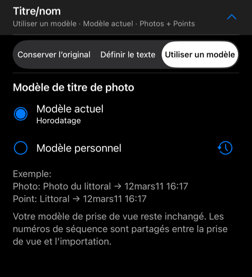 Titre/nom ouvert avec Utiliser un modèle, choix du modèle actuel ou personnel et exemple de titre