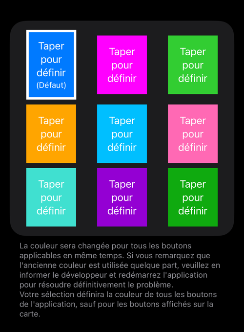Neuf pastilles de couleur, celle par défaut marquée, avec l’explication en dessous