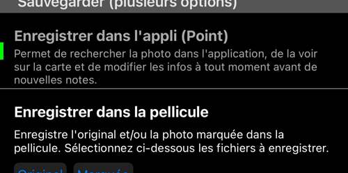 Les destinations d’enregistrement ; les copies qui quittent l’app ont chacune leur choix entre Original et marquée