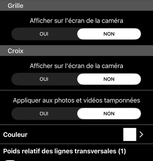 Les sections Grille et Croix : afficher sur l&rsquo;écran de la caméra, appliquer aux photos et vidéos tamponnées, couleur et épaisseur de trait