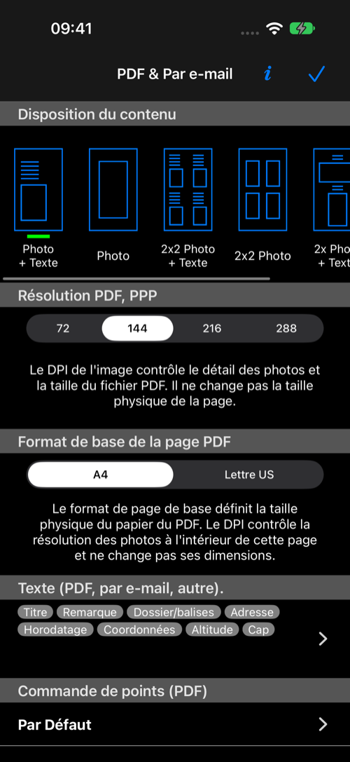 Réglages PDF et e-mail avec mises en page, DPI, papier, champs de texte et ordre des points