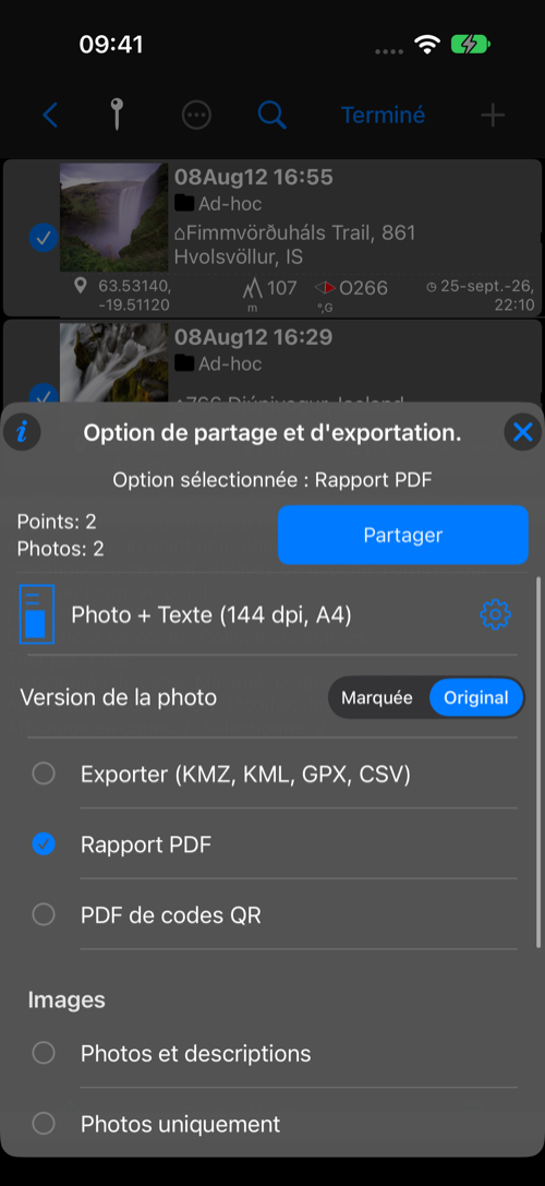 Option de rapport PDF avec aperçu, format du papier, DPI et bouton des réglages