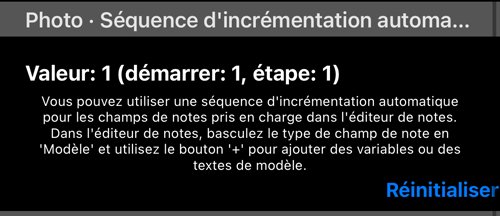 Séquence d’incrémentation du titre : la valeur actuelle et le bouton Réinitialiser