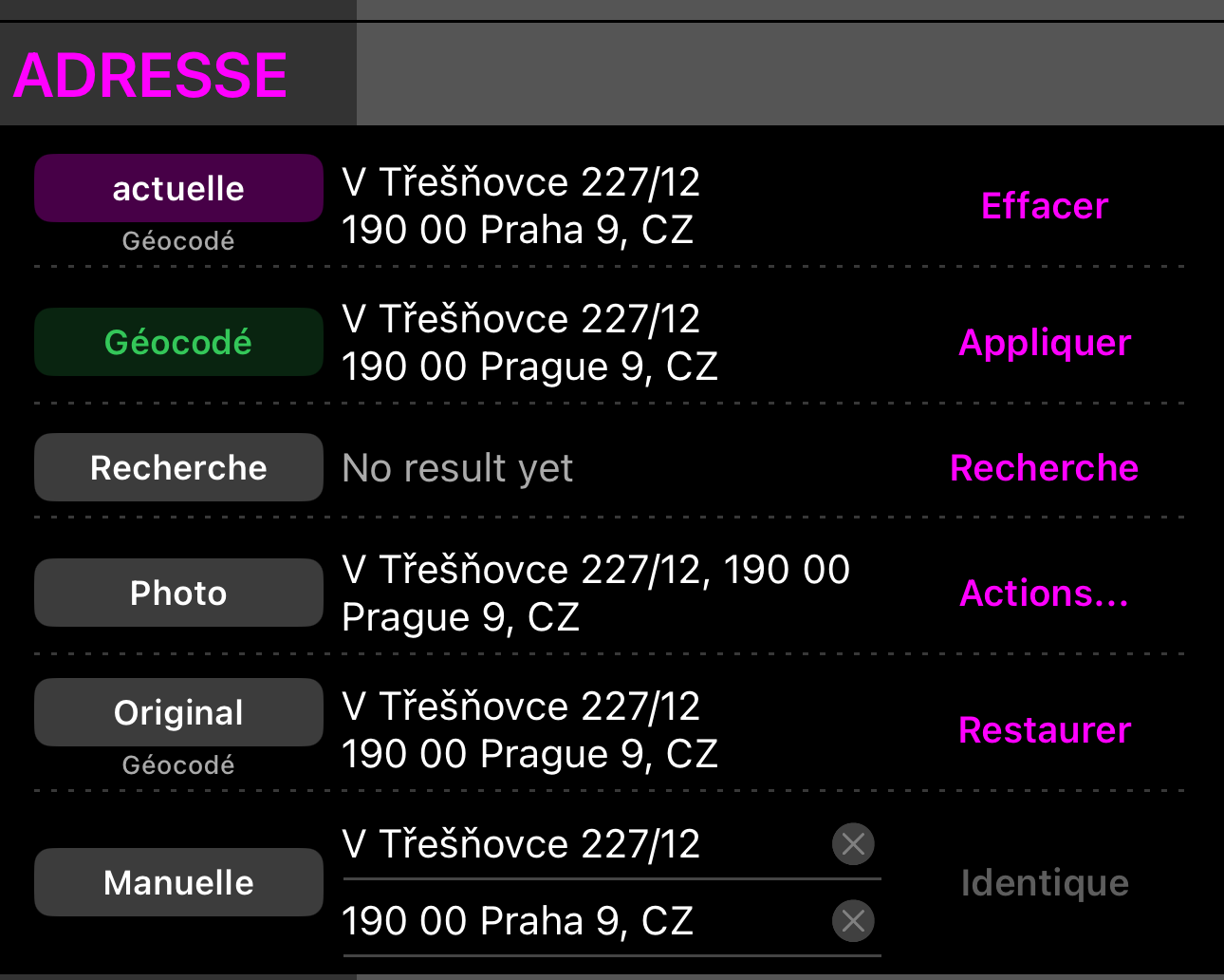 La section Adresse dépliée : Actuelle, Géocodée avec Rechercher, Recherche, Photo, et deux lignes d’adresse manuelles