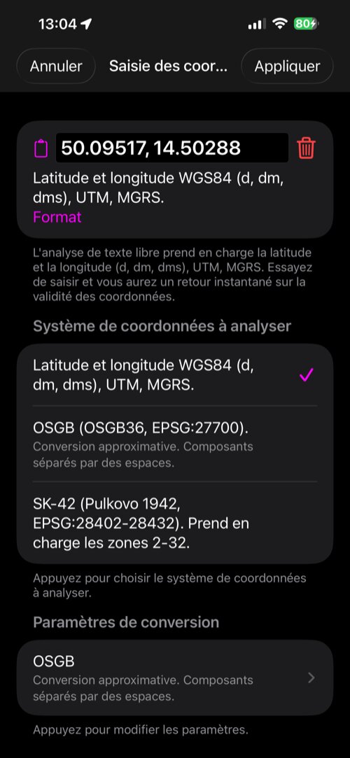Le convertisseur de coordonnées ouvert depuis l’éditeur de point, avec la latitude et la longitude du point dans le champ de saisie, la liste des formats reconnus, et Annuler et Appliquer dans la barre