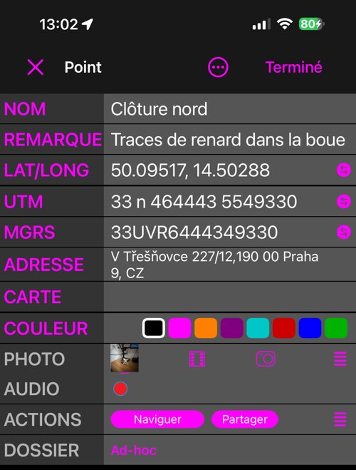 L’éditeur de point en vue Simple : NOM, REMARQUE, LAT/LONG, UTM, MGRS, ADRESSE, CARTE, COULEUR, PHOTO, AUDIO, ACTIONS et DOSSIER, une ligne chacun