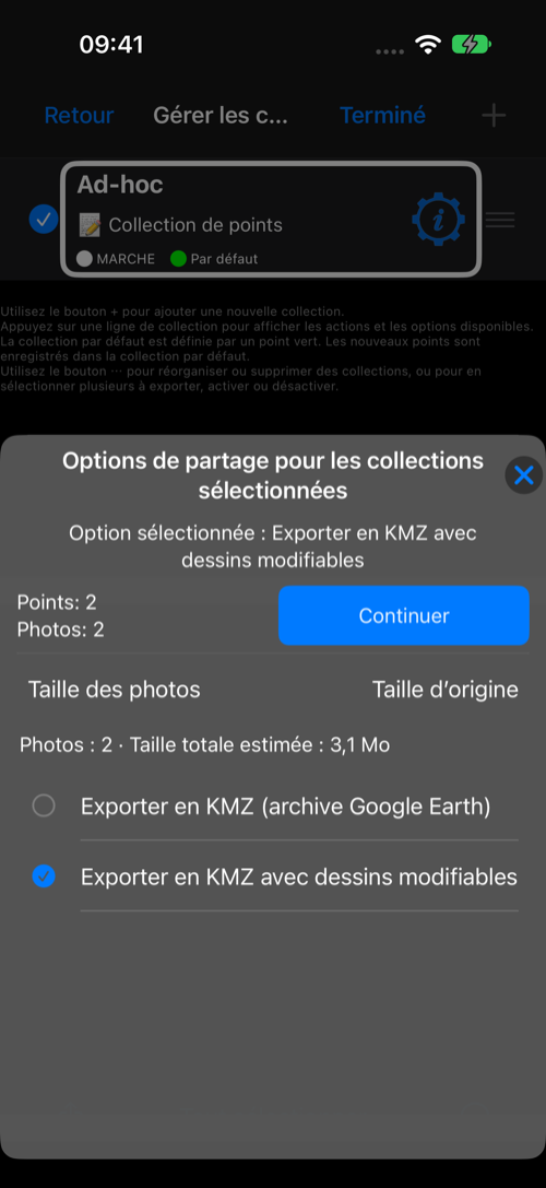 Collection sélectionnée pour un KMZ avec dessins modifiables