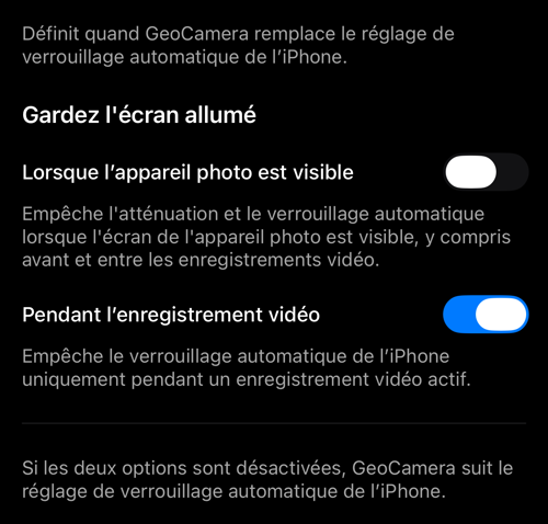 Garder l&rsquo;écran allumé : deux interrupteurs, l&rsquo;un pour la caméra visible, l&rsquo;autre pendant l&rsquo;enregistrement vidéo
