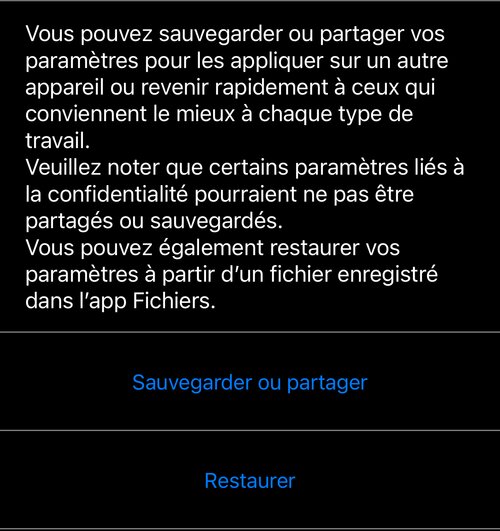 Gérer les paramètres de l&rsquo;application : l&rsquo;explication, avec « Sauvegarder ou partager » et « Restaurer » en dessous