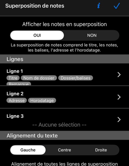 Réglages actuels de la superposition des notes avec l&rsquo;horodatage sur la ligne 2