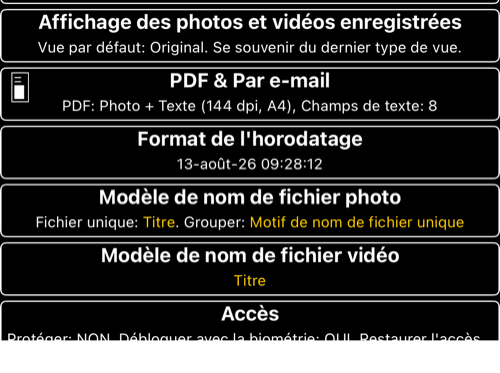 Lignes actuelles des réglages d&rsquo;horodatage et des modèles de noms de fichiers