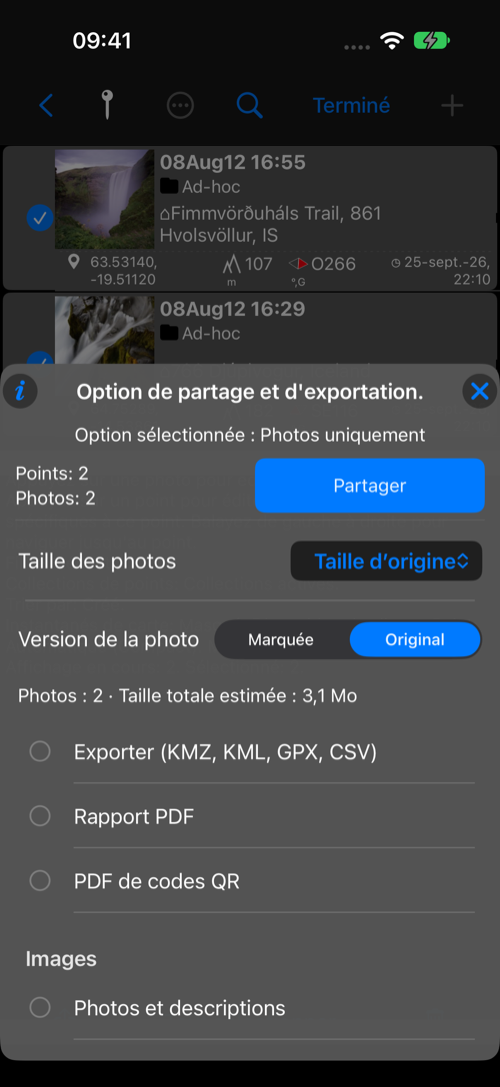 Deux points avec photos sélectionnés et taille estimée