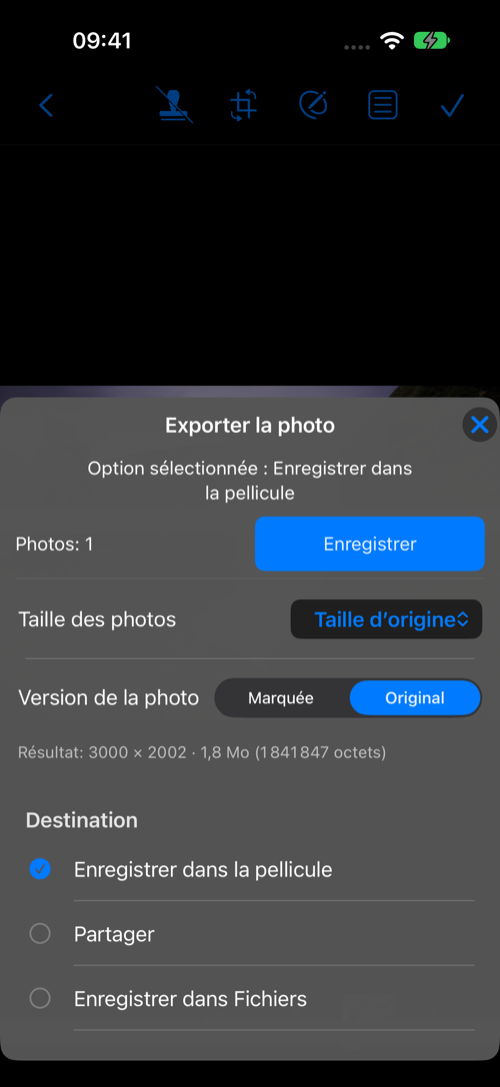 Exporter la photo : taille, version et destination