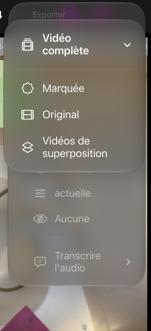 Le menu « Vidéo complète » d’un enregistrement, avec « Marquée », « Original » et « Vidéos de superposition »