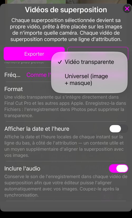 Le choix du format : « Vidéo transparente » ou « Universel (image + masque) »
