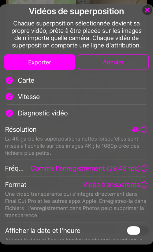 Options des vidéos de superposition : les superpositions disponibles dans cet enregistrement, toutes sélectionnées, et la ligne « Résolution »
