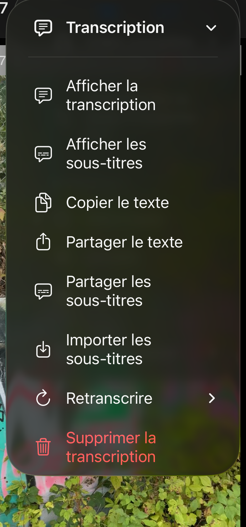 Menu Transcription avec Afficher la transcription, Afficher les sous-titres, Copier le texte, Partager le texte, Partager les sous-titres, Importer les sous-titres, Transcrire à nouveau, Supprimer la transcription et Aide