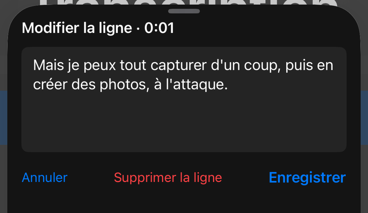 Éditeur de ligne avec le texte corrigé et les actions Annuler, Supprimer la ligne et Enregistrer