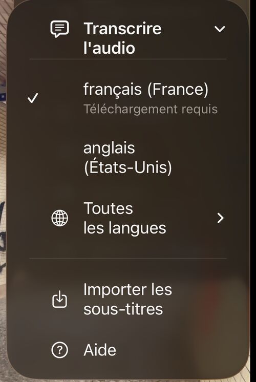 Liste des langues de transcription commençant par les langues de l’utilisateur, suivie de Toutes les langues, Importer les sous-titres et Aide