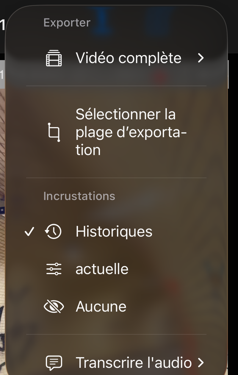 Menu Plus de la lecture vidéo avec l&rsquo;entrée Transcrire l&rsquo;audio sous les sections d&rsquo;export et de superpositions