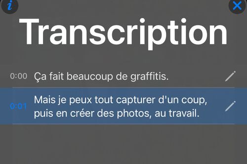 Panneau de transcription avec une ligne horodatée par phrase et la ligne en cours surlignée