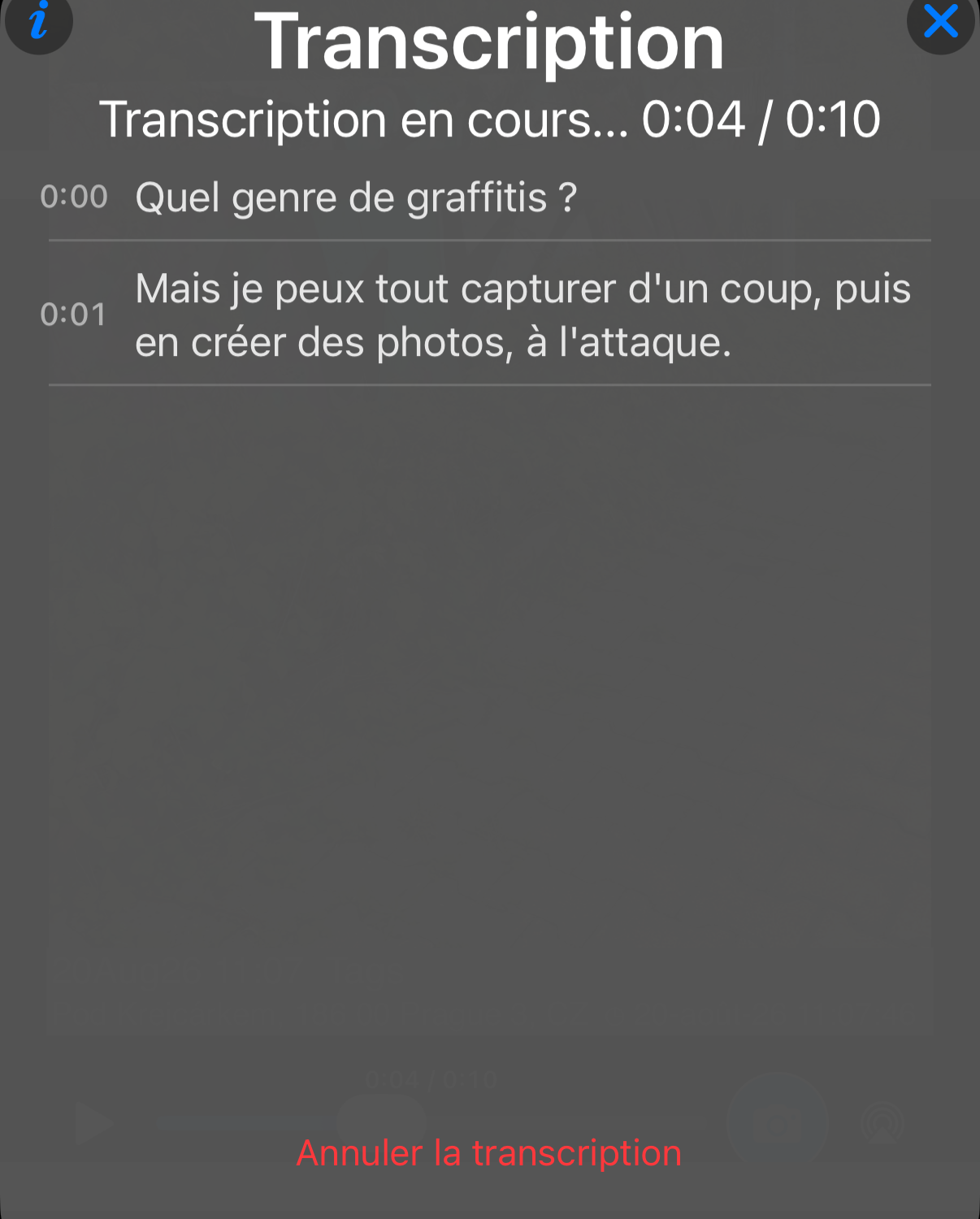 Transcription en cours : les lignes reconnues apparaissent dans le panneau, la progression est indiquée par rapport à la durée de la vidéo, avec l&rsquo;action Annuler la transcription