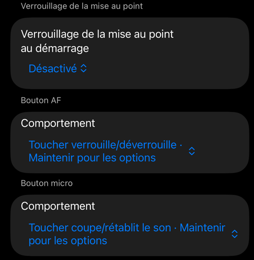 Réglages des commandes du viseur : les sections Verrouillage de la mise au point au démarrage, Bouton AF et Bouton micro