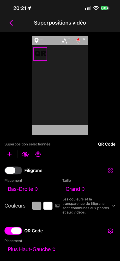 La disposition des calques vidéo, filigrane désactivé et QR activé