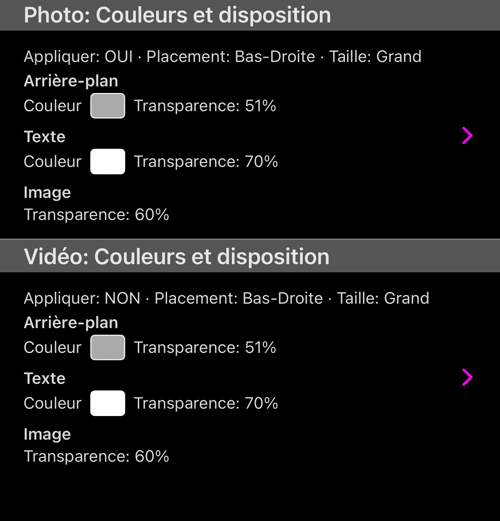 Photo et Vidéo, chacun avec son propre résumé Appliquer, Position et Taille