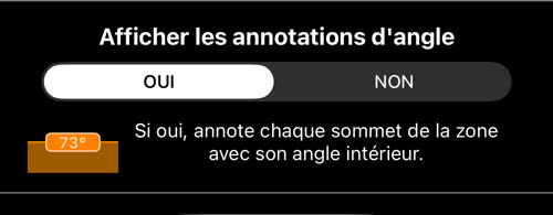Le réglage Afficher les annotations d&rsquo;angle sur OUI, avec un exemple d&rsquo;annotation 73°