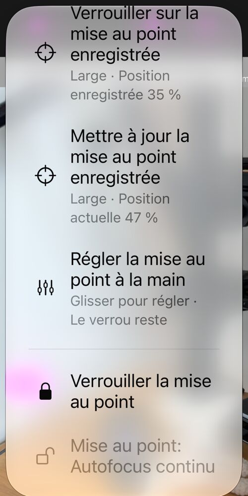 Les options de mise au point ouvertes depuis le bouton AF : « Supprimer la mise au point enregistrée », « Verrouiller sur la mise au point enregistrée », « Mettre à jour la mise au point enregistrée », « Régler la mise au point à la main », « Verrouiller la mise au point » et la ligne d&rsquo;état