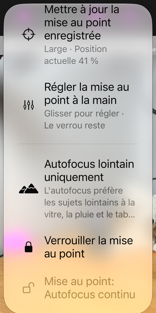 Les options de mise au point ouvertes depuis le bouton AF : « Verrouiller sur la mise au point enregistrée », « Mettre à jour la mise au point enregistrée », « Régler la mise au point à la main », « Autofocus lointain uniquement », « Verrouiller la mise au point » et la ligne d’état