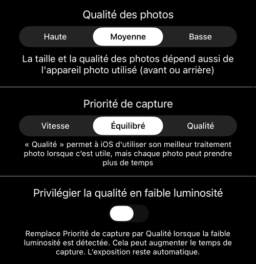 Qualité des photos, priorité de capture et l’interrupteur de faible luminosité