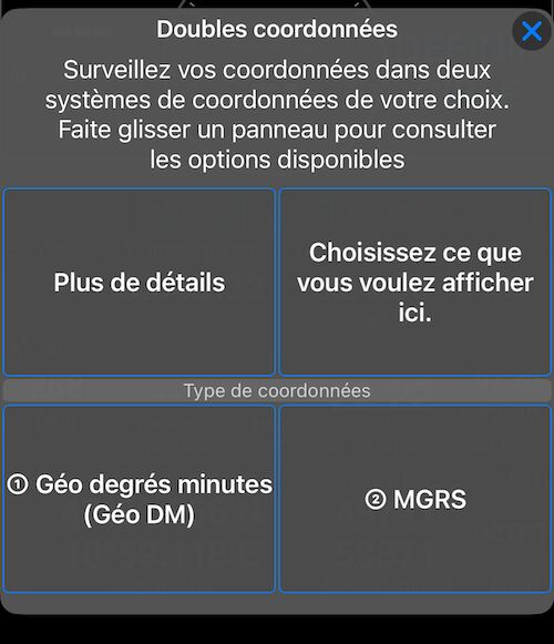Menu d&rsquo;options pour les doubles coordonnées
