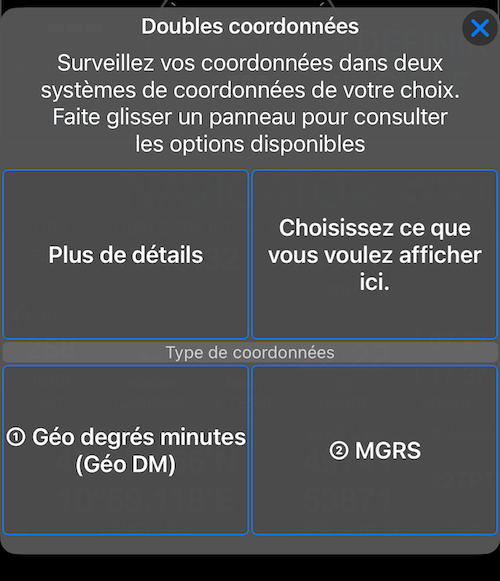 Menu d’options pour les doubles coordonnées
