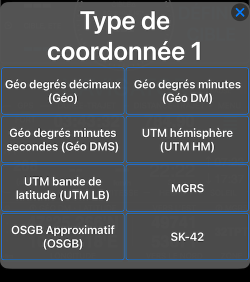Sélecteur de type de coordonnée montrant les 8 formats