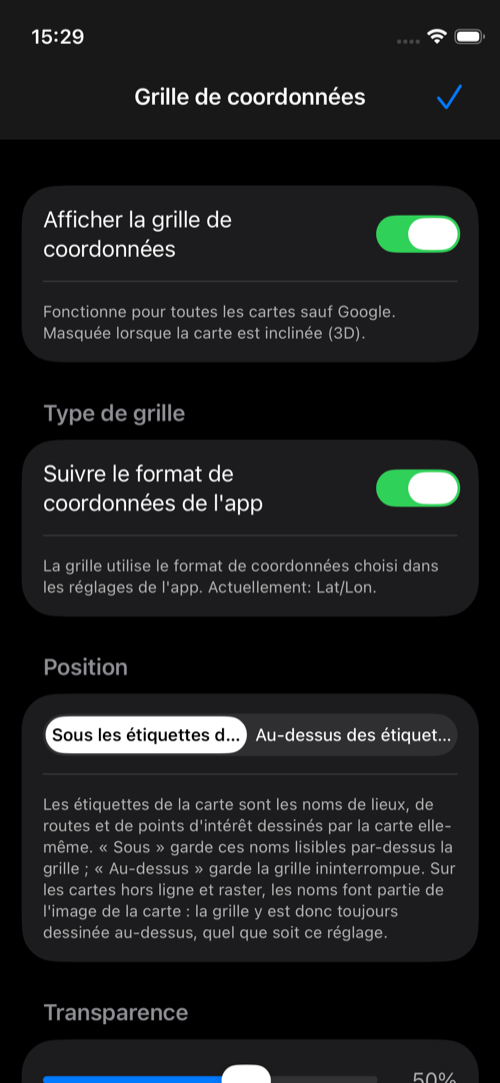 Réglages de la grille avec la grille activée, le suivi automatique du format, la position des libellés et la transparence