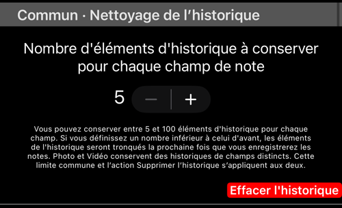 Nettoyage de l’historique commun : le nombre d’éléments conservés par champ et Supprimer l’historique