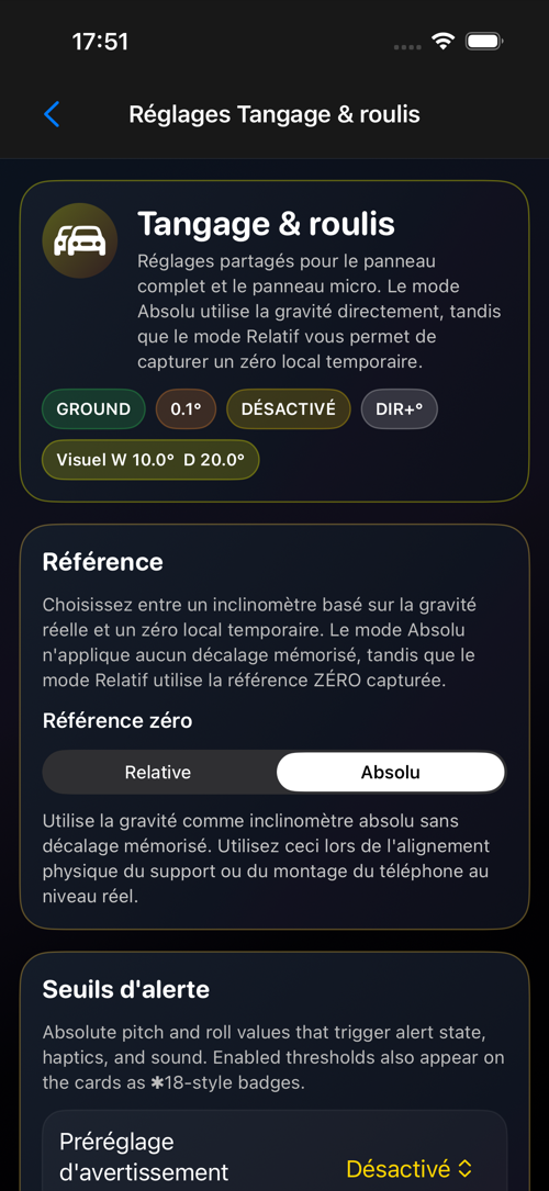 Écran des réglages Tangage & roulis
