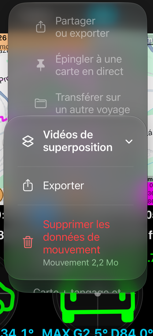 Le sous-menu « Vidéos de superposition » : « Exporter » et « Supprimer les données de mouvement » avec sa taille