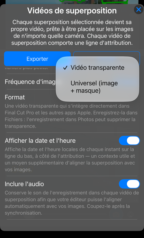 Le choix du format : « Vidéo transparente » ou « Universel (image + masque) »
