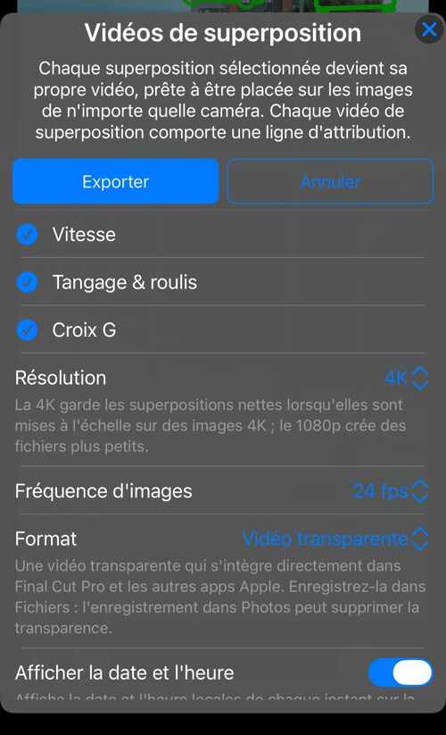 Options des vidéos de superposition : les superpositions disponibles dans cet enregistrement, toutes sélectionnées, et la ligne « Résolution »
