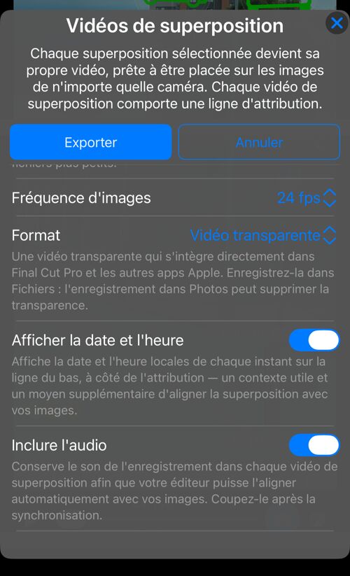 Les autres options : « Fréquence d&rsquo;images », « Format » avec son explication, « Afficher la date et l&rsquo;heure » et « Inclure l&rsquo;audio »
