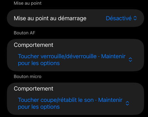 Réglages des commandes du viseur : les sections « Mise au point », « Bouton AF » et « Bouton micro »