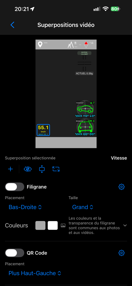 La disposition des calques vidéo, filigrane désactivé et QR activé