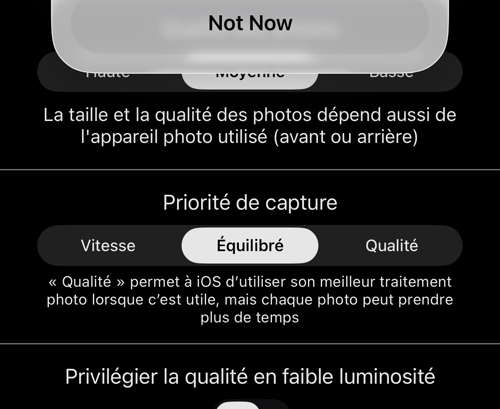 Qualité des photos, priorité de capture et l&rsquo;interrupteur de faible luminosité