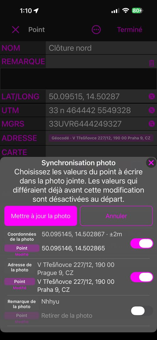 La feuille en mode tout mettre à jour, avec une ligne dont la valeur du point indique Retirer de la photo et dont l&rsquo;interrupteur est désactivé